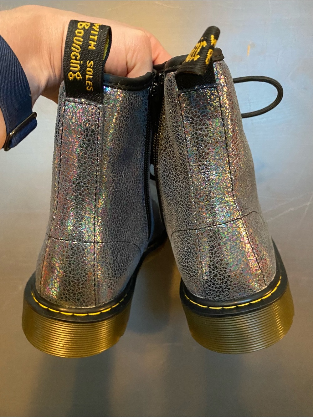 Dr. Martens Delaney Grey Holographic Metallic Boots Size US 7 Women / 6 Men NIB - Picture 3 of 12